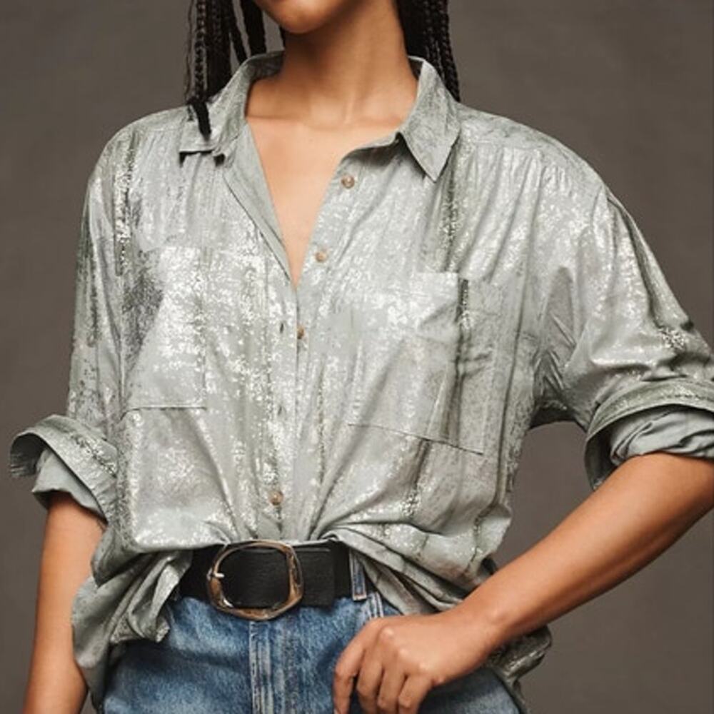 Anthropologie Metallic Sage Green Button-Up Blouse